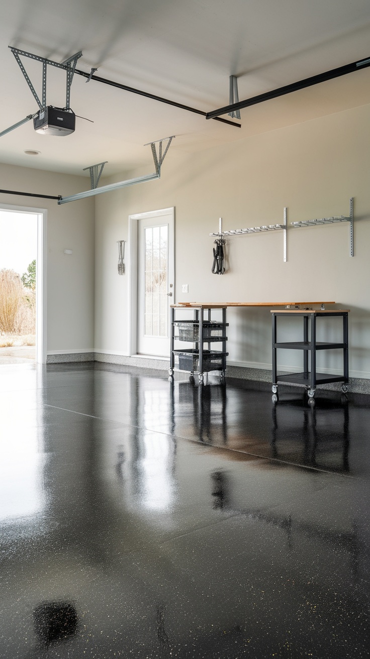 Stylish garage with a polished black epoxy flake floor and a simple workbench