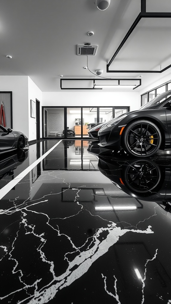 A sleek garage with black marble epoxy flooring, showcasing luxury cars.