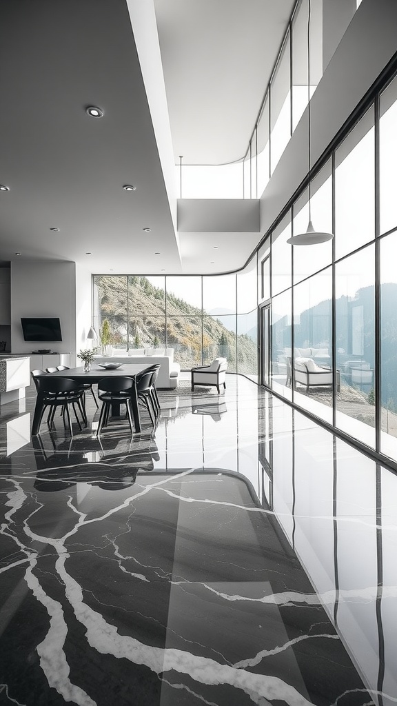 Interior view of a modern home with black and white epoxy floors and large windows overlooking a hillside.