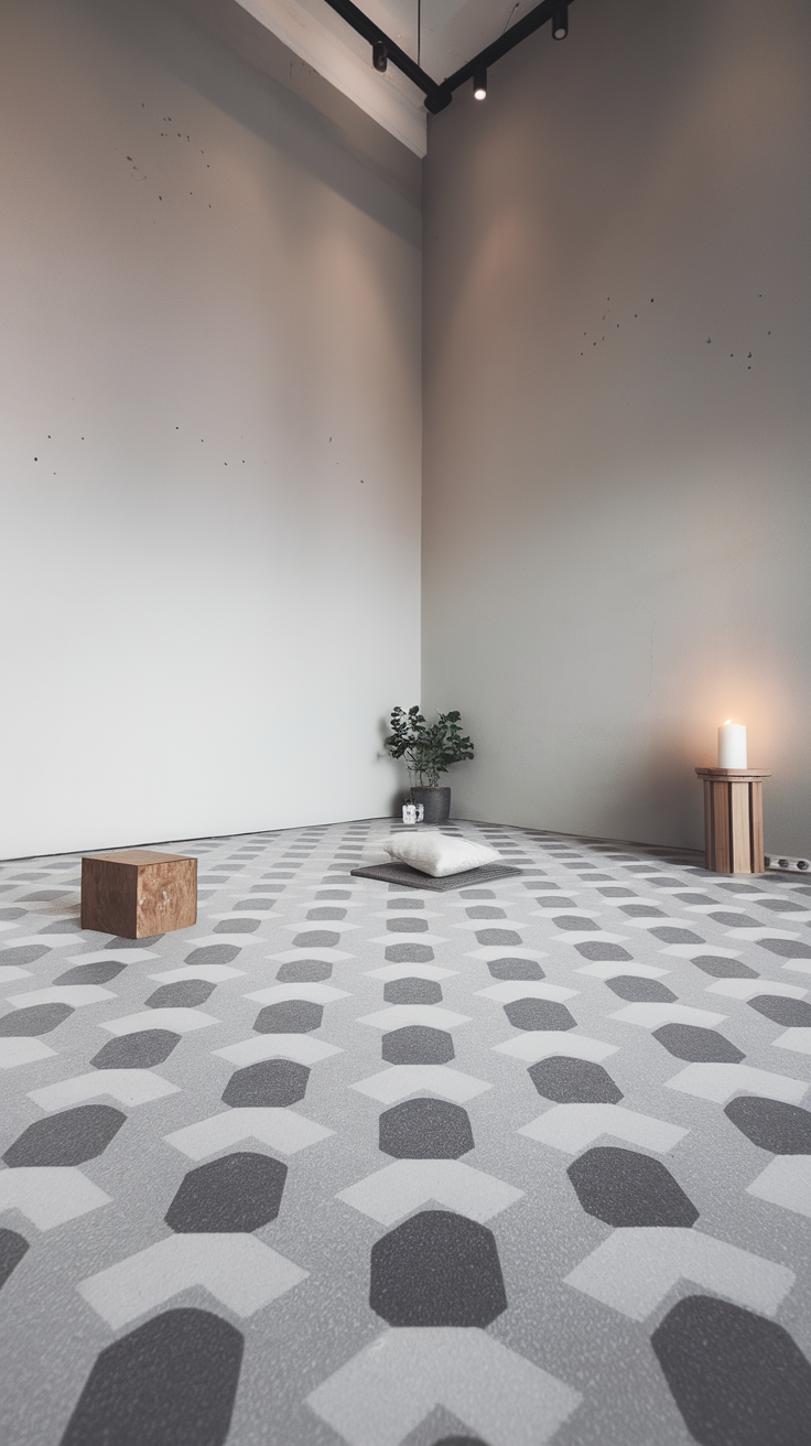 A minimalist space featuring a gray epoxy floor with geometric patterns, a wooden block, a cushion, a small plant, and a candle.