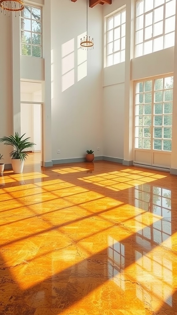 A room with cozy epoxy gold and black floors, featuring a black sofa, small table, and plants.