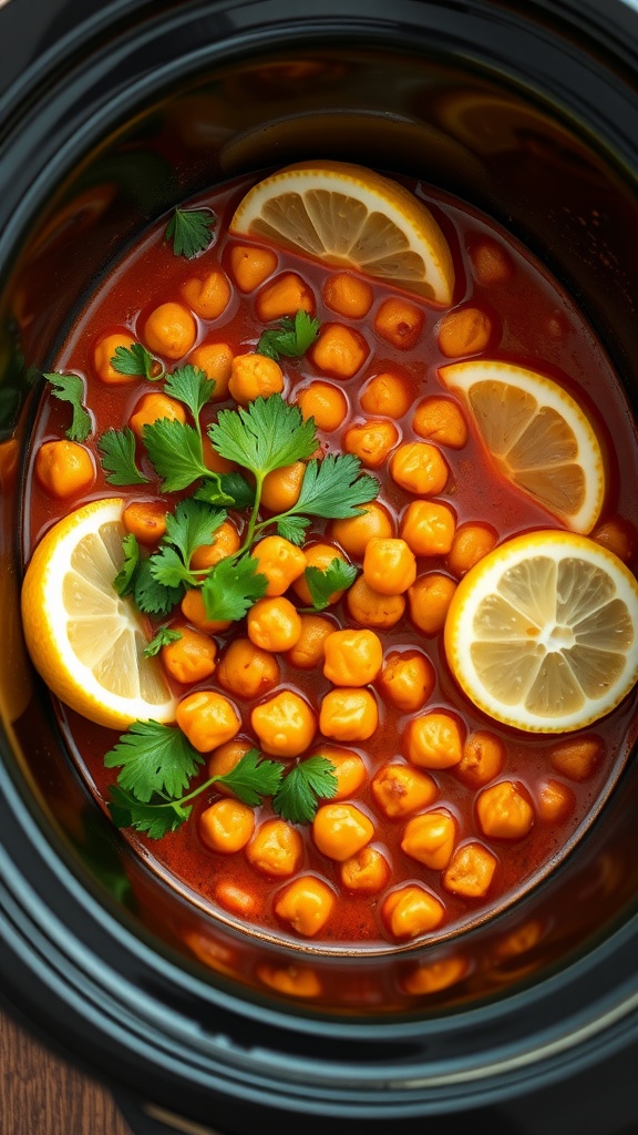 A vibrant Moroccan Chickpea Stew in a crockpot.