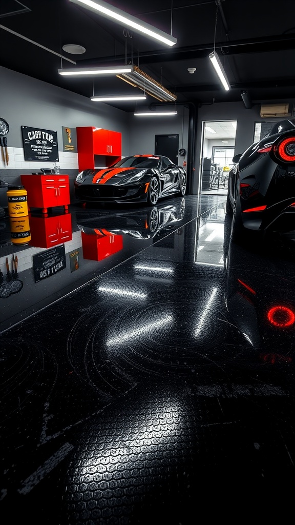 A modern garage showcasing a glossy black epoxy floor with sleek cars and contemporary decor.