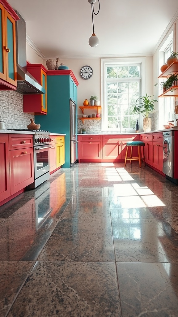 A beautifully designed cement floor featuring a mosaic pattern with wooden accents and intricate borders.