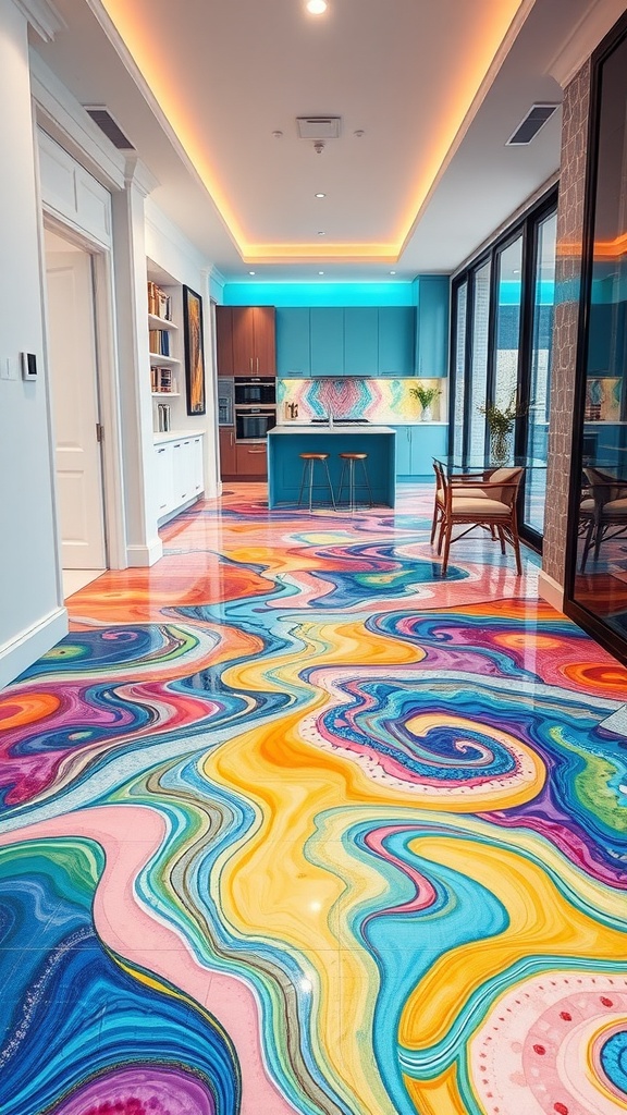 Colorful epoxy floor design with vibrant swirls in a modern kitchen space.