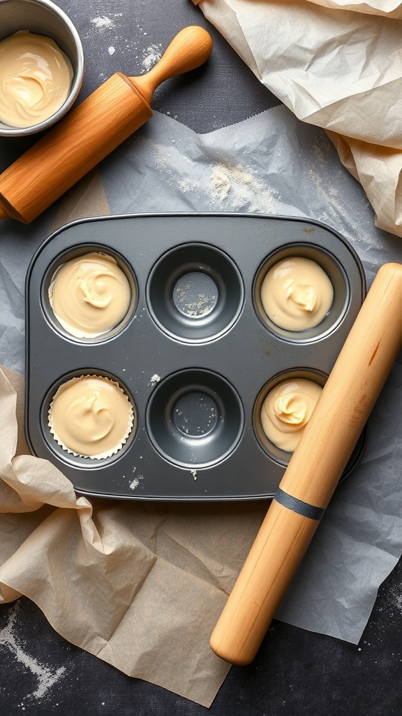 Cinnamon sugar donut muffins in a muffin tin, ready for baking.