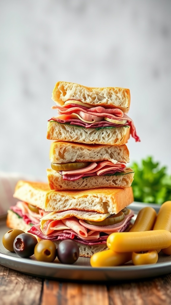 A stack of Muffuletta sliders with layers of meats and cheese.