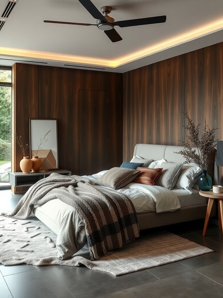 A cozy bedroom featuring multi-functional furniture, including a bed with storage, a stylish nightstand, and a modern wardrobe.