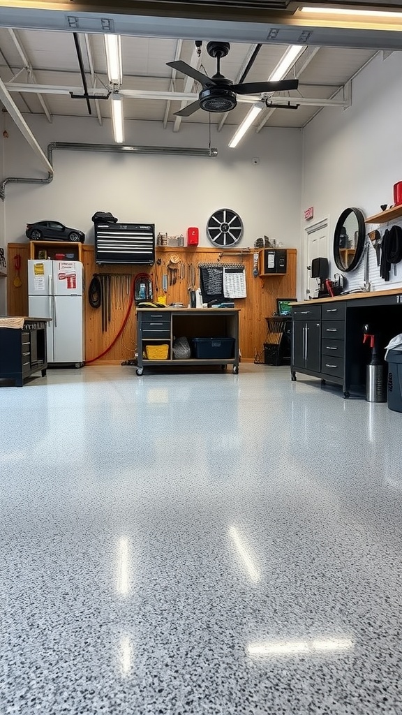 A well-organized garage workshop with a polished epoxy floor and a multi-functional workbench.