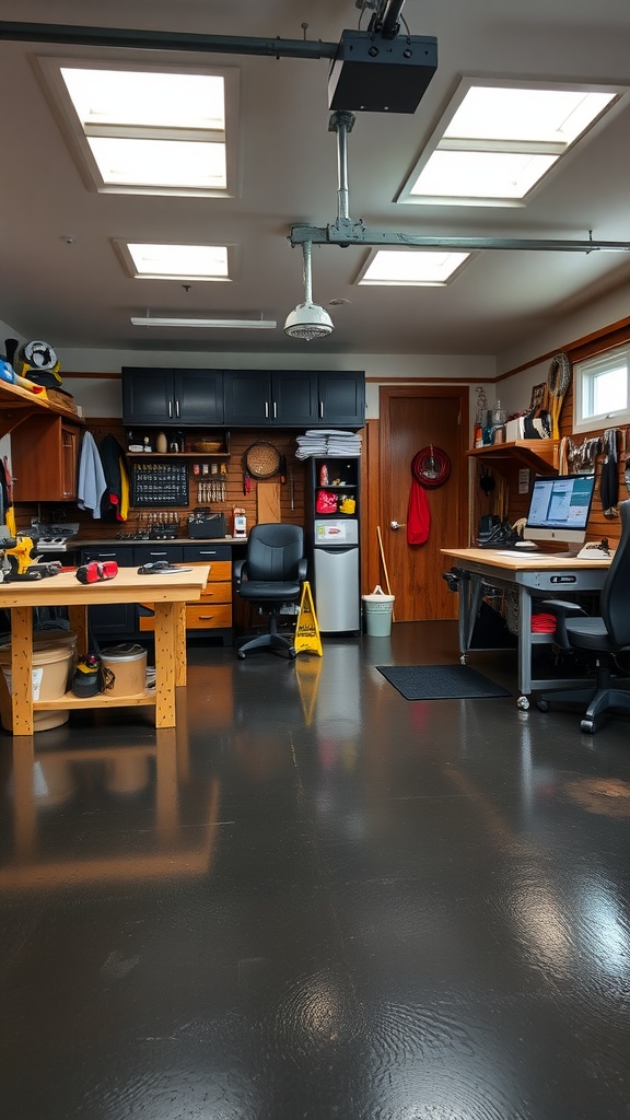 A well-organized garage workspace featuring multi-functional workbenches and a dark epoxy floor.