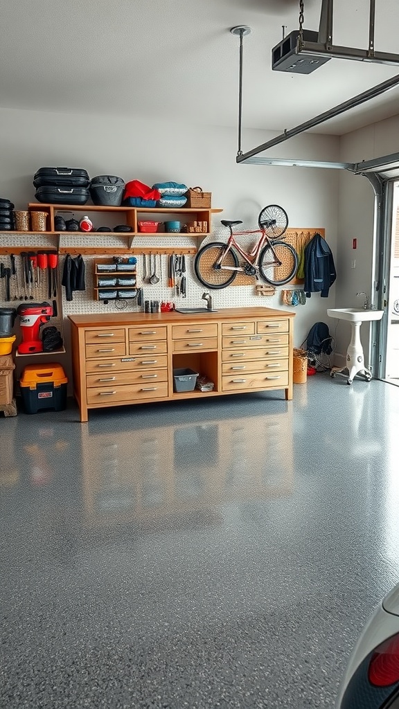 A well-organized garage featuring a wooden workbench with storage drawers, wall-mounted shelves, and epoxy flooring.