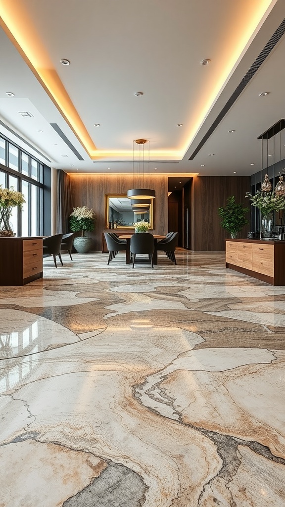 A spacious interior with multi-layered epoxy floors resembling natural stone, featuring modern furniture and elegant lighting.