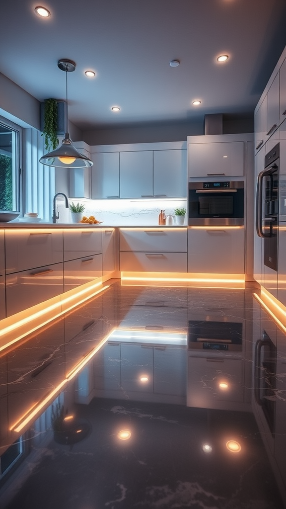 A modern kitchen featuring multi-layered epoxy flooring with rich brown tones and a contemporary design.