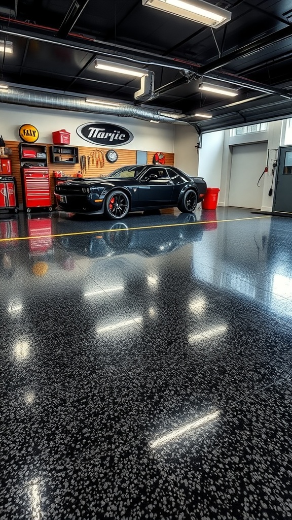 A modern garage featuring a black epoxy floor with white flakes, showcasing a sleek car and stylish decor.