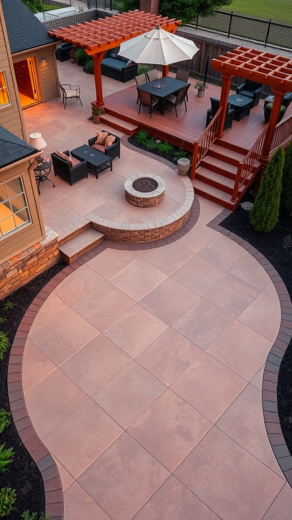 A multi-level stamped concrete patio featuring a wooden deck and a fire pit area.