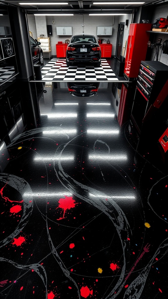 A modern garage with a glossy black epoxy floor featuring colorful splatter effects, bright red and yellow against a sleek backdrop, with a car and organized tool area.