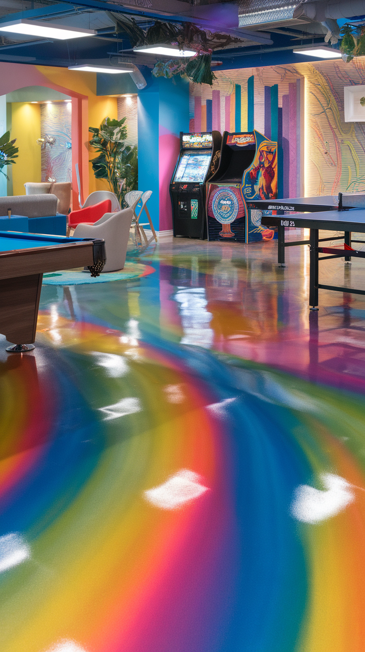 A colorful multicolor swirl epoxy floor in a vibrant room.