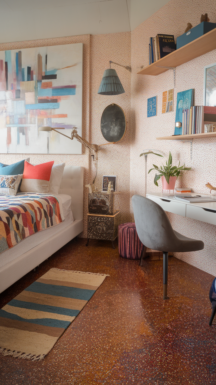 Cozy bedroom with multicolored epoxy flake flooring and stylish decor.