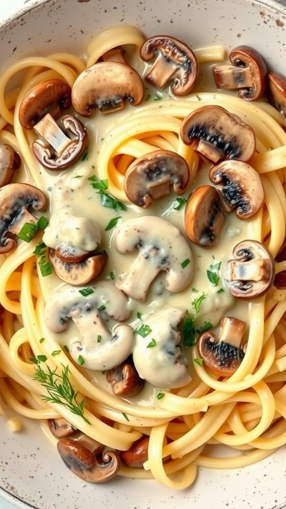 A bowl of creamy Mushroom Alfredo Chicken Pasta with sliced mushrooms and parsley