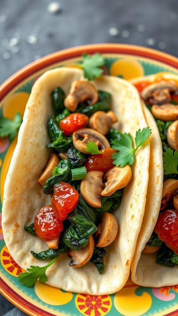 Mushroom and Spinach Breakfast Tacos on a colorful plate