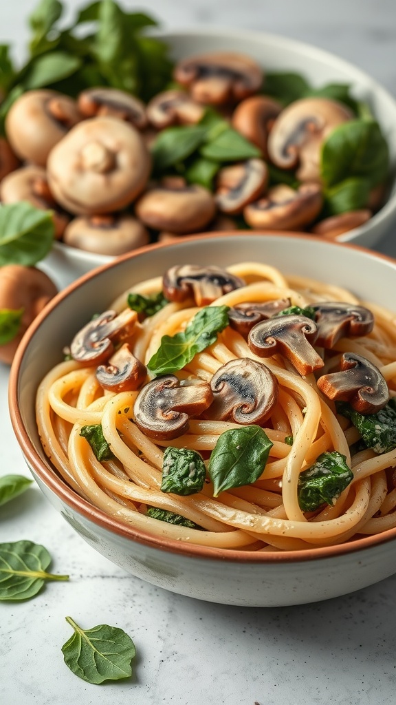 A bowl of mushroom and spinach pasta garnished with fresh spinach leaves and slices of mushrooms.