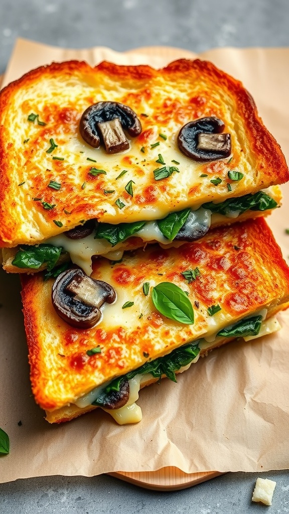 Mushroom and Spinach Pizza Grilled Cheese sandwich, golden and crispy with visible mushrooms and spinach.