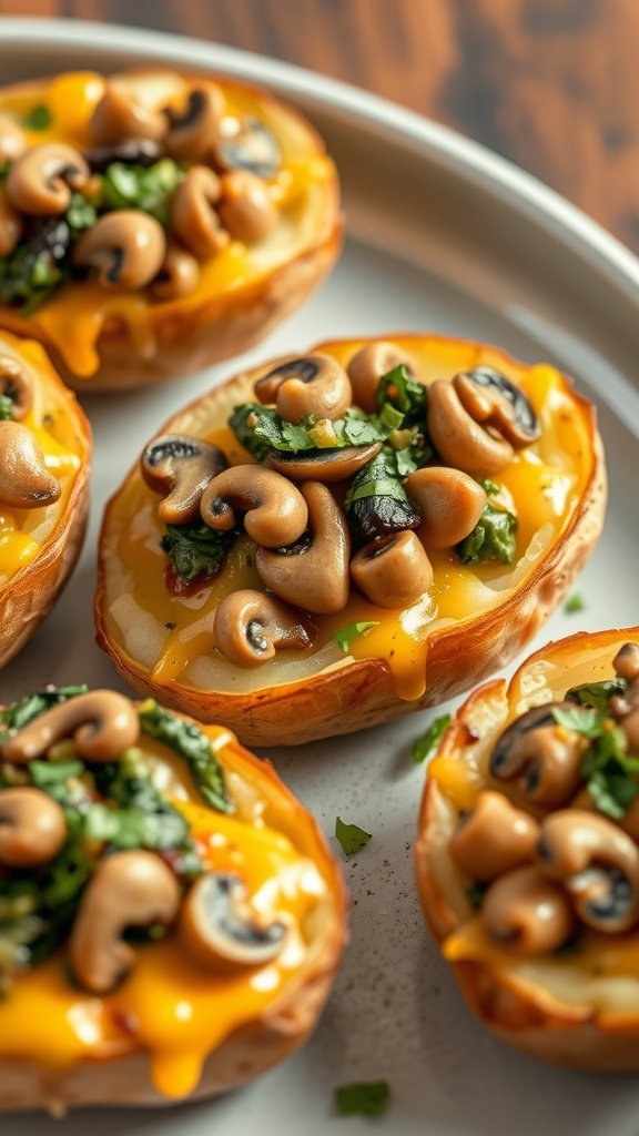 Loaded potato skins topped with mushrooms, spinach, and cheese.