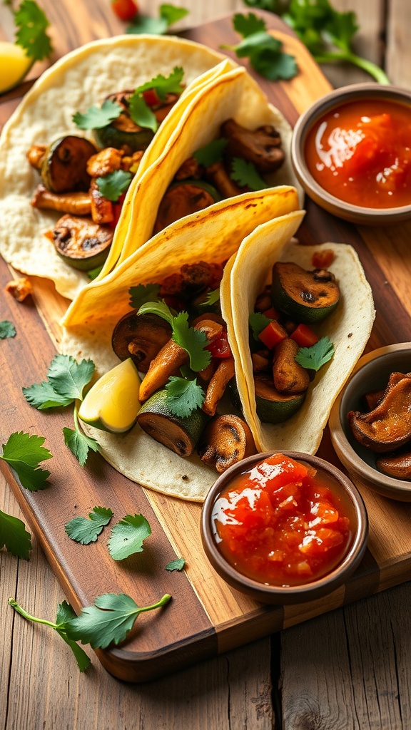 Delicious mushroom and zucchini tacos served with fresh cilantro and lime.