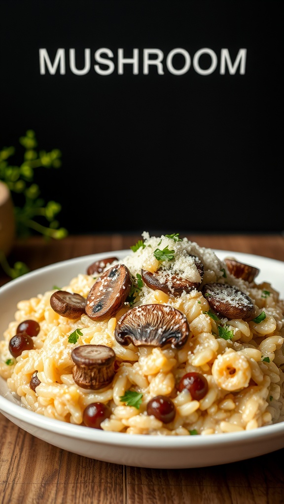 A plate of creamy mushroom risotto topped with sautéed mushrooms and parsley.