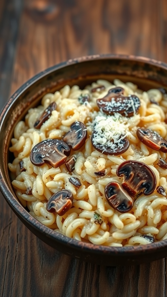 A bowl of creamy mushroom risotto with parmesan cheese.
