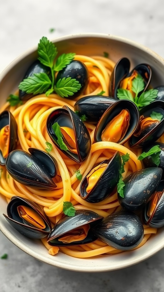 A bowl of spaghetti topped with mussels in white wine sauce garnished with parsley.