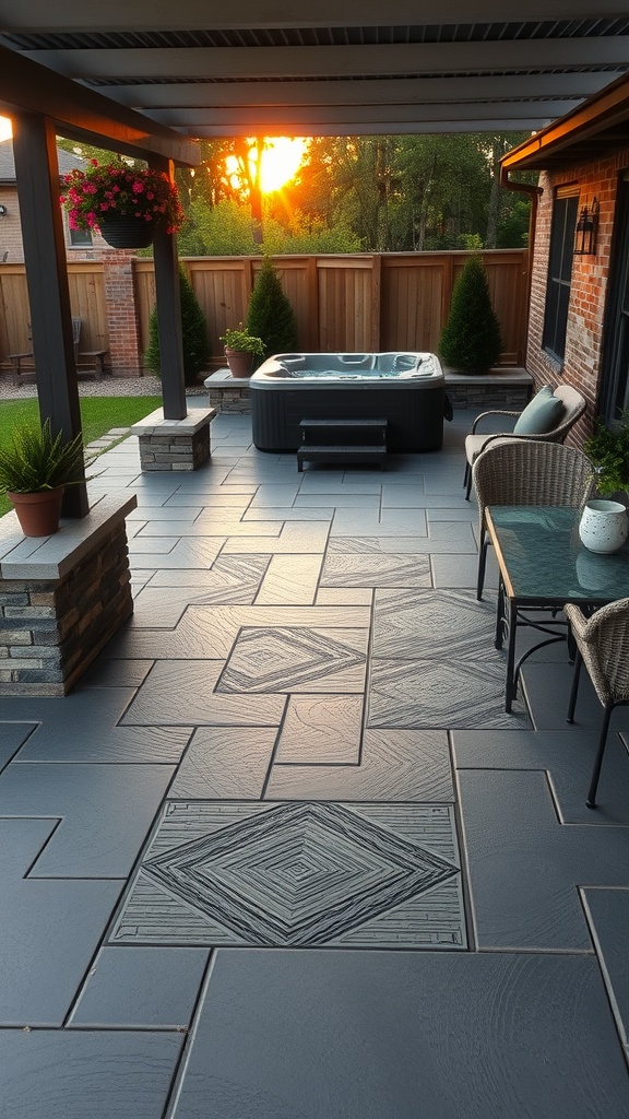 A beautiful patio with muted olive green stamped concrete, surrounded by nature and a hot tub.