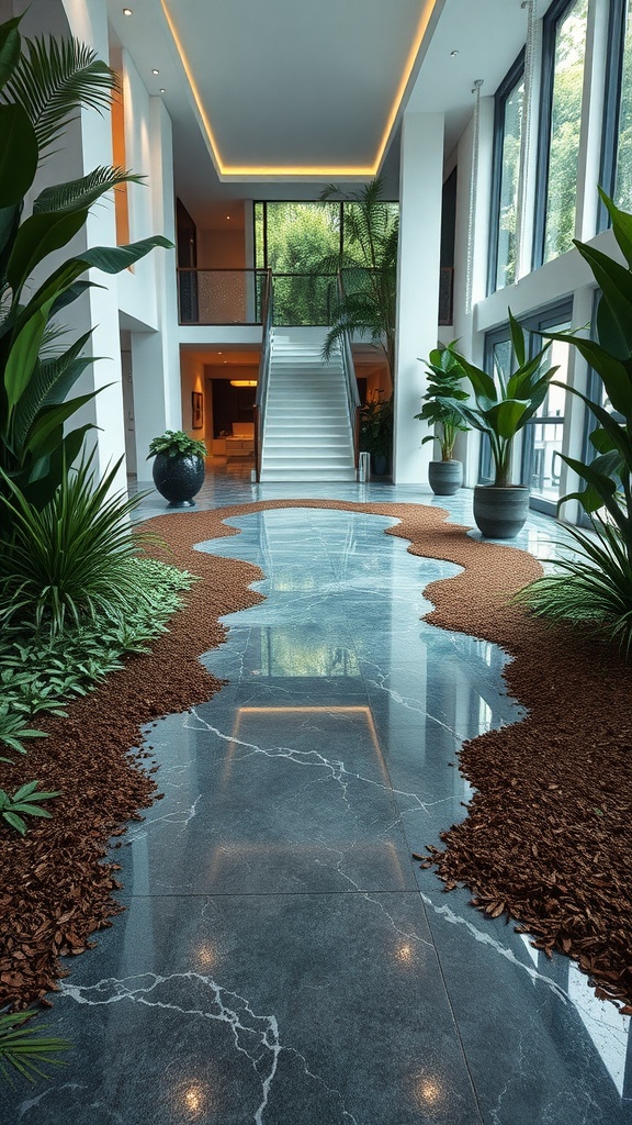 An elegant foyer with glossy epoxy flooring that resembles a forest pathway, surrounded by lush plants.