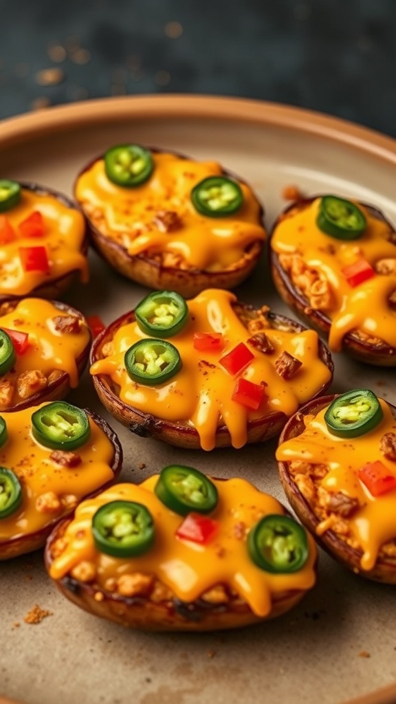 Deliciously loaded potato skins topped with nacho cheese and jalapeños.
