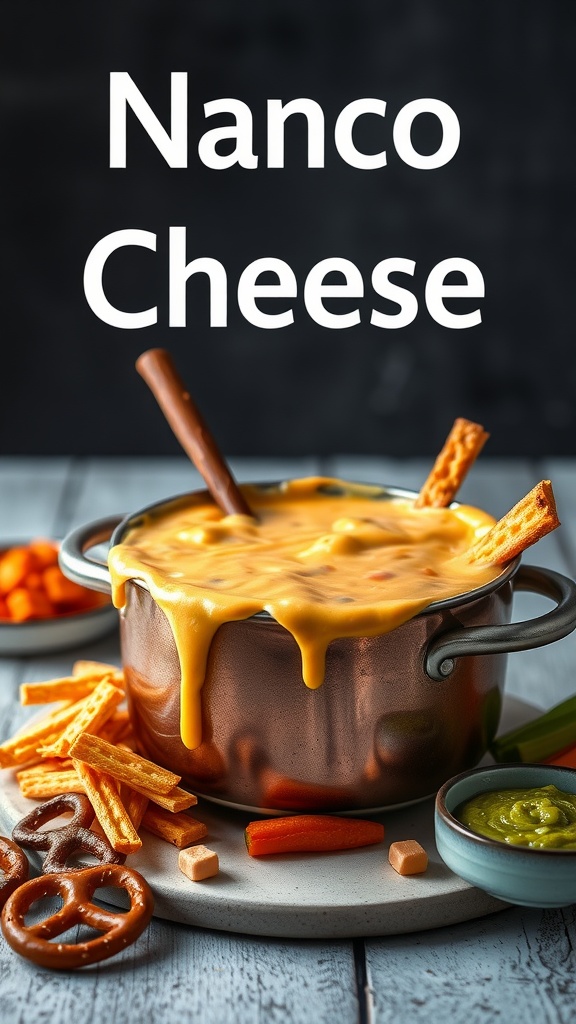 Delicious nacho cheese fondue with various dippers like pretzels, carrot sticks, and tortilla chips.