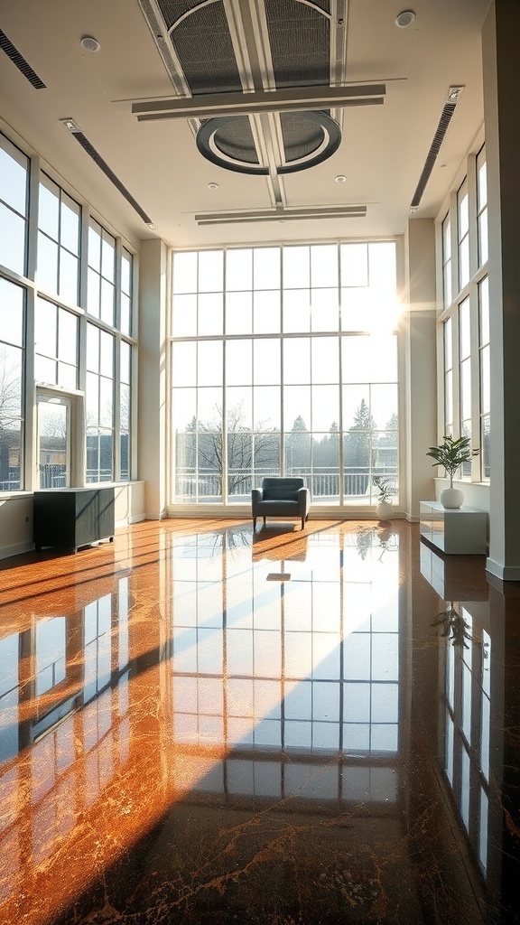 A bright room with large windows showcasing gold and black epoxy flooring, a black chair, and a potted plant.
