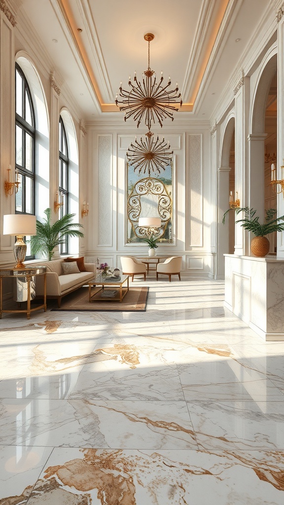 A luxurious interior space featuring natural stone-look epoxy flooring with elegant furnishings.