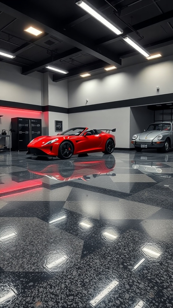A luxurious garage with a natural stone appearance epoxy floor, featuring two cars, one being a sleek red sports car and the other a classic model.