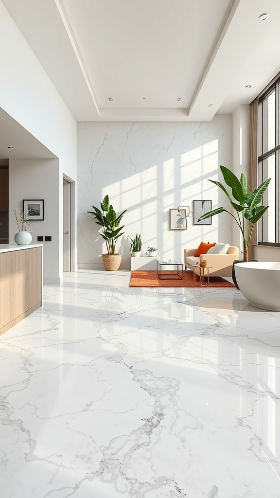 A bright, modern room featuring a marble epoxy floor, large windows, and indoor plants.