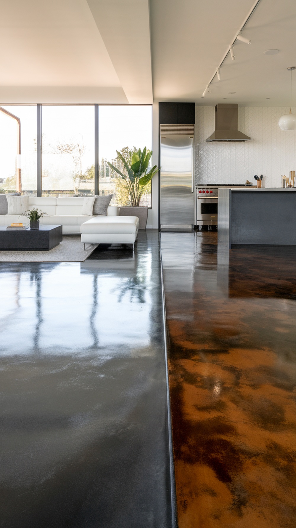 A modern living space featuring a high-gloss black epoxy floor transitioning into a warm, stained concrete look.