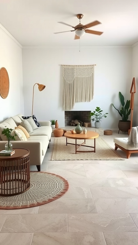 Cozy living room featuring natural stone effect epoxy flooring with boho design elements.