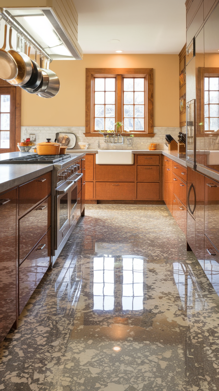 A modern kitchen featuring wooden cabinetry and a natural stone effect epoxy floor.