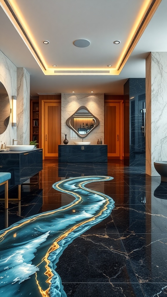 A luxurious bathroom featuring a natural stone effect epoxy floor with a river-like design in rich colors.