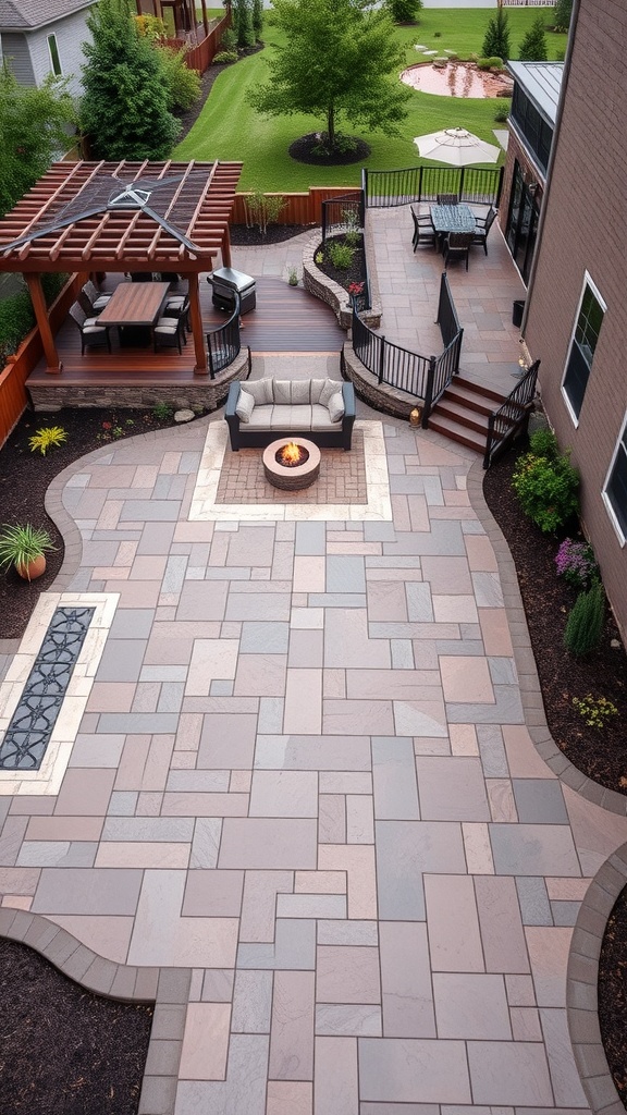 A beautiful stamped concrete patio designed to mimic natural stone, featuring a fire pit, wooden deck, and lush greenery.