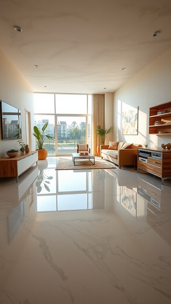 A modern living room featuring a natural stone look epoxy floor with ample natural light.