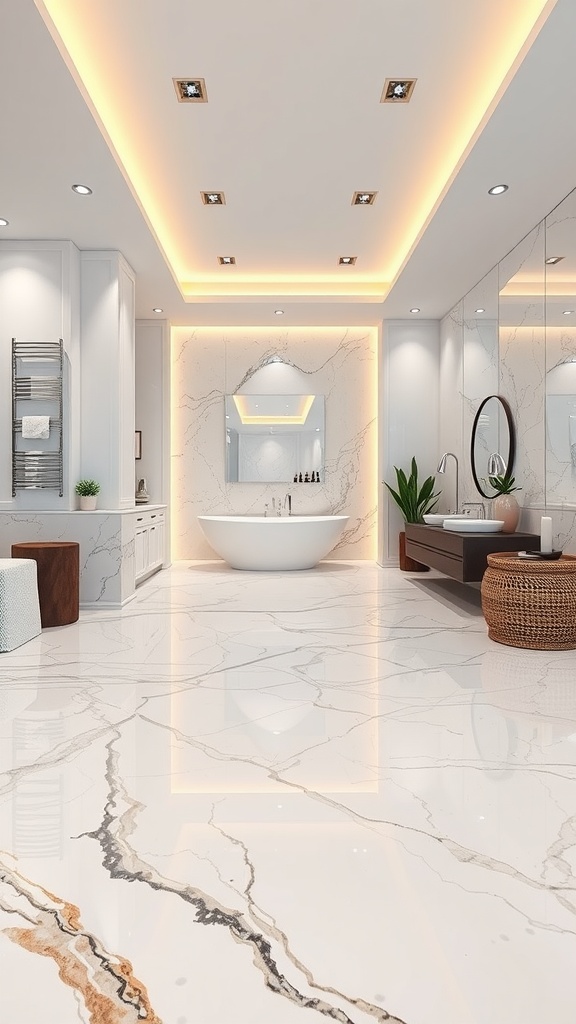 A modern bathroom featuring a luxurious marble epoxy floor and elegant fixtures