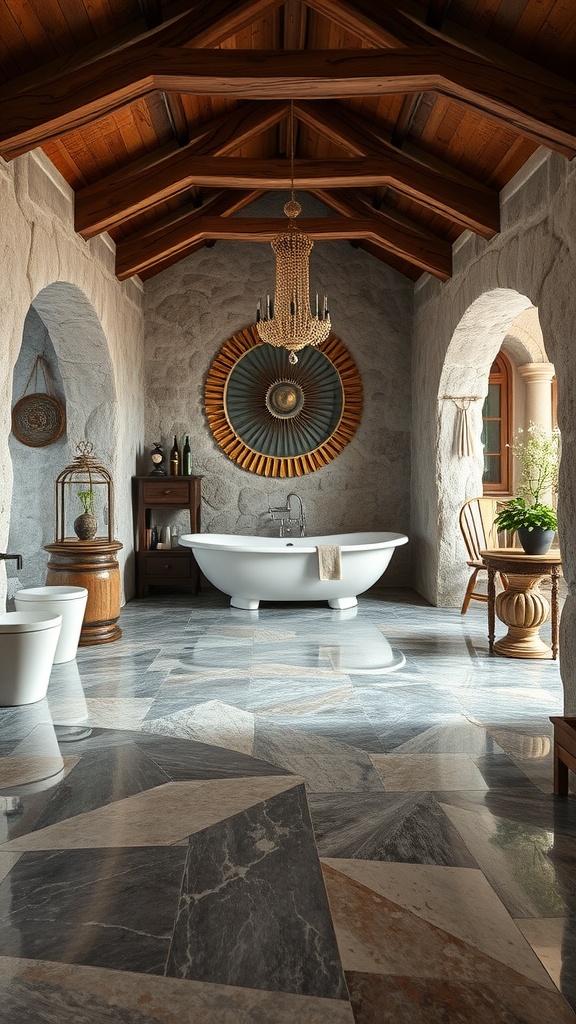 A beautifully designed room featuring marble-like epoxy flooring, a freestanding bathtub, and rustic wooden accents.