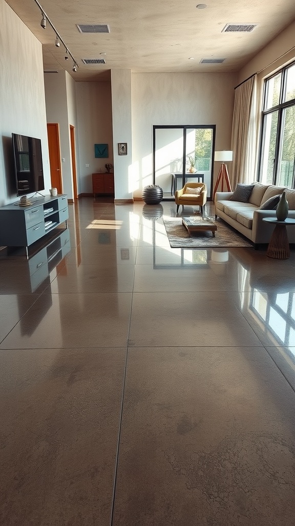 A modern living room featuring polished concrete flooring that mimics natural stone.
