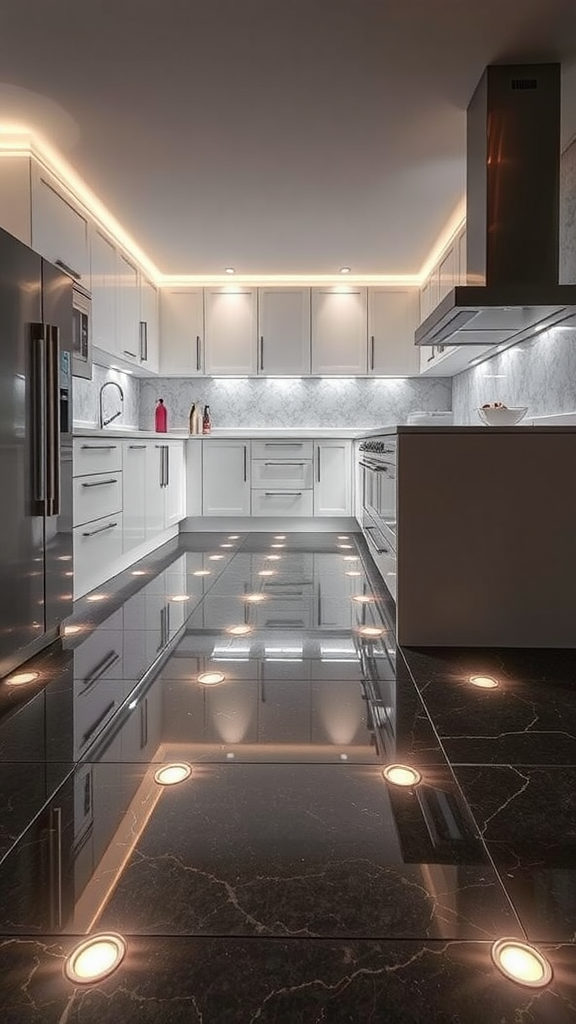 Modern kitchen with natural stone look epoxy flooring, sleek cabinets, and natural light.