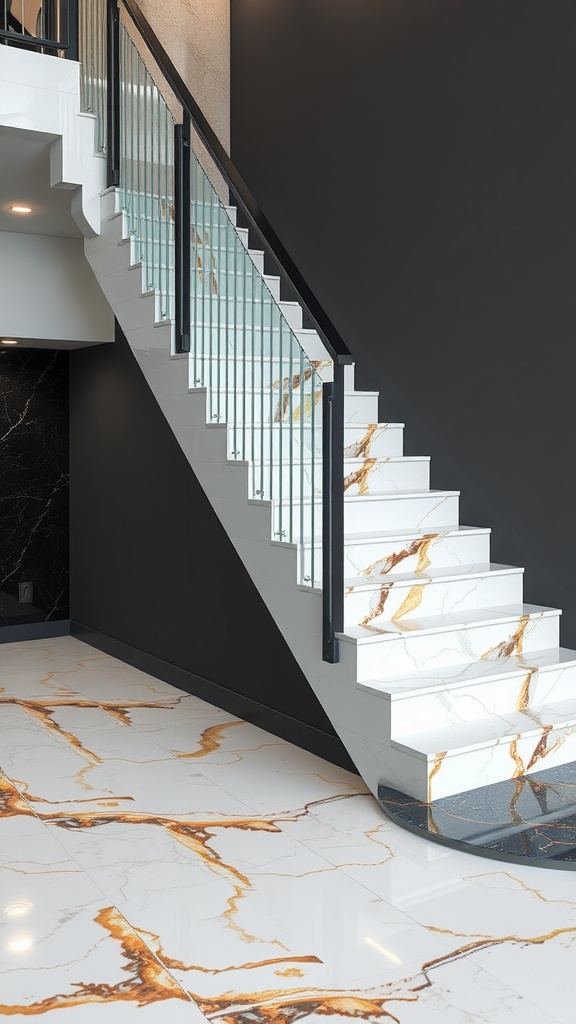 Epoxy resin flooring with white and gold marble design on stairs and floor